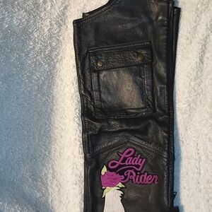 XS Black Leather Motorcycle Chaps With Sewn On Patches